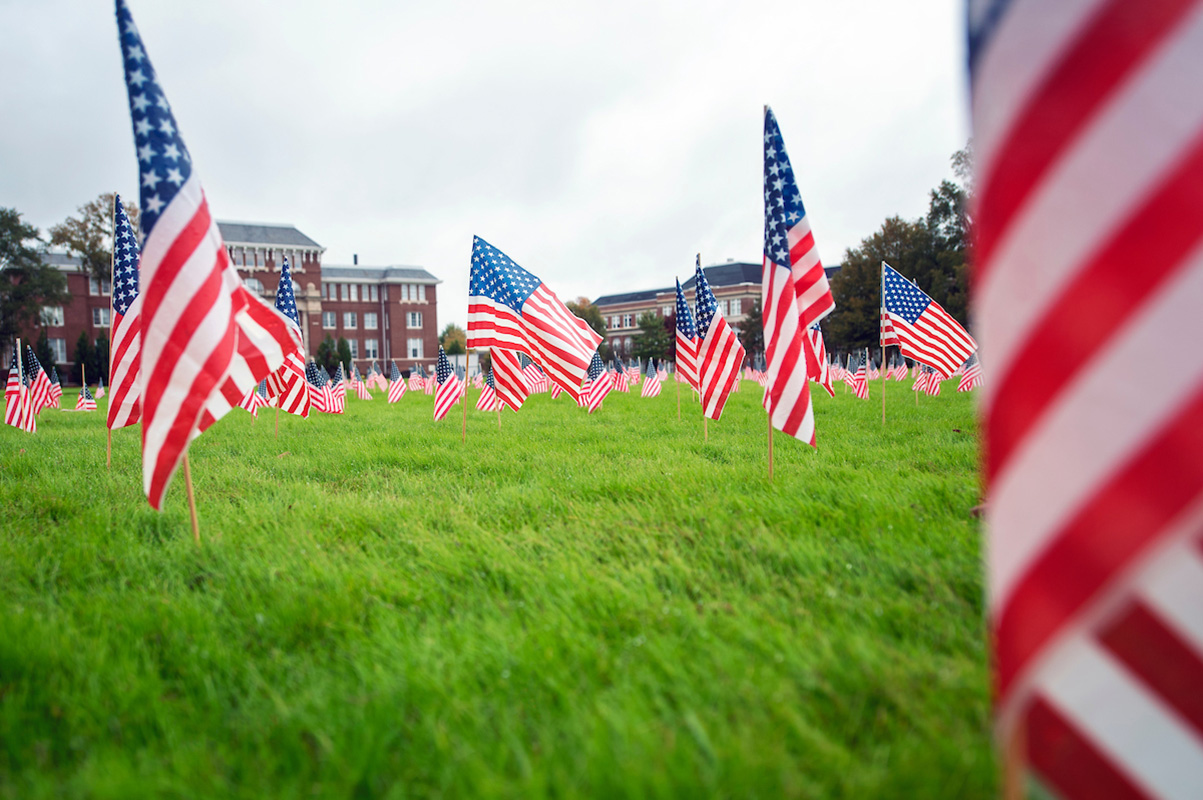 American flags on the drill field to commemorate memorial day